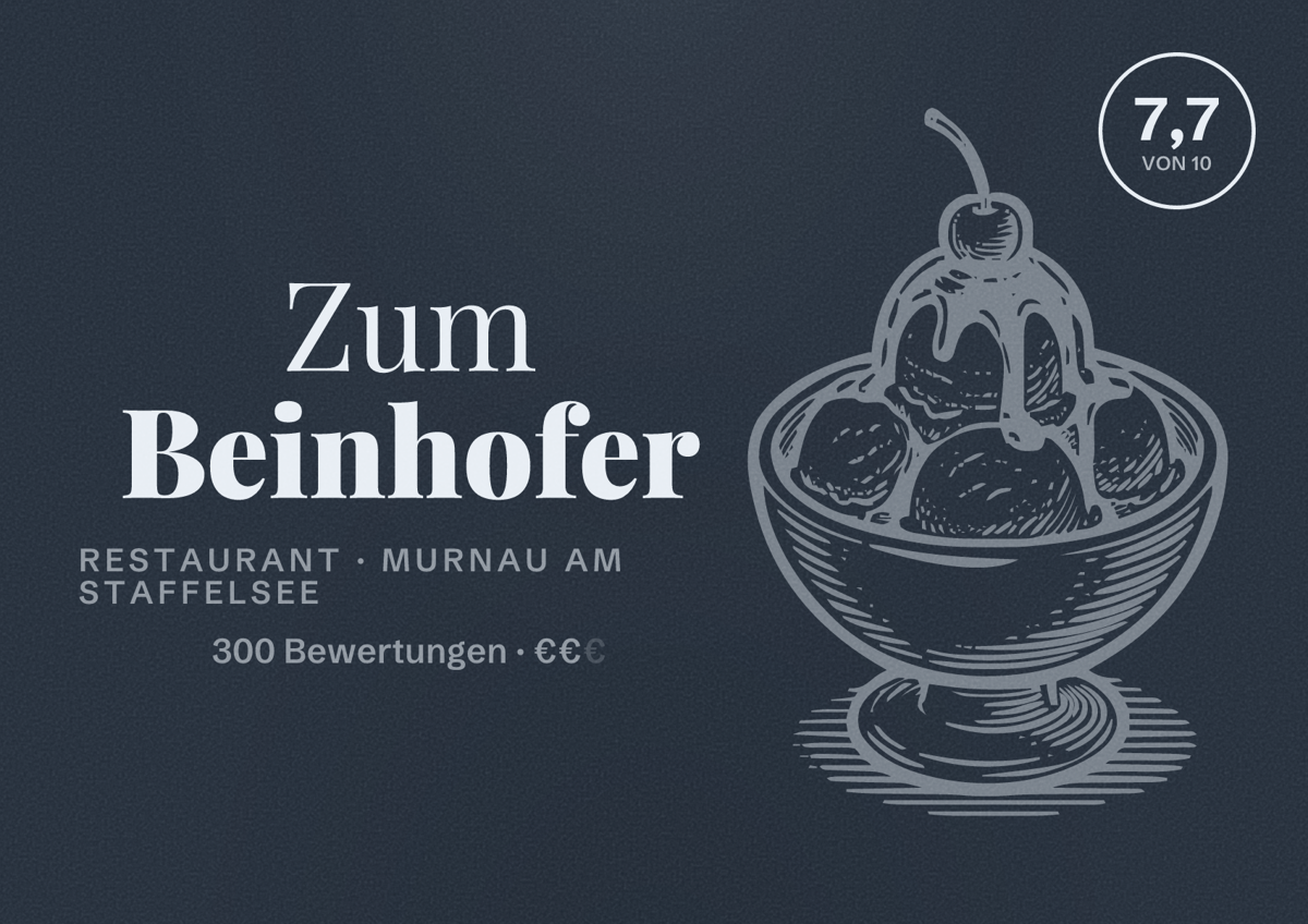 Illustriertes Poster von Zum Beinhofer, Restaurant in Murnau am Staffelsee: Bewertung 7,7 von 10 aus 300 Bewertungen, Preisniveau €€