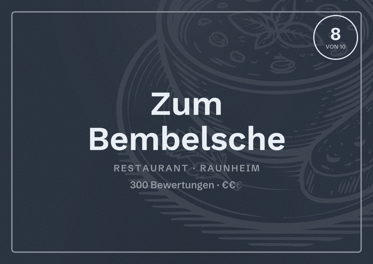 Illustriertes Poster von Zum Bembelsche, Restaurant in Raunheim: Bewertung 8 von 10 aus 300 Bewertungen, Preisniveau €€