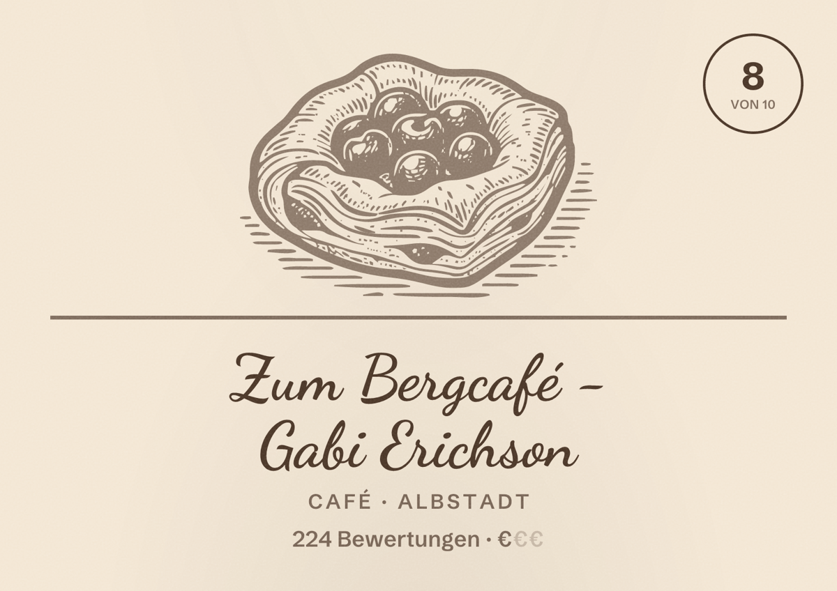 Illustriertes Poster von Zum Bergcafé - Gabi Erichson, Café in Albstadt: Bewertung 8 von 10 aus 224 Bewertungen, Preisniveau €