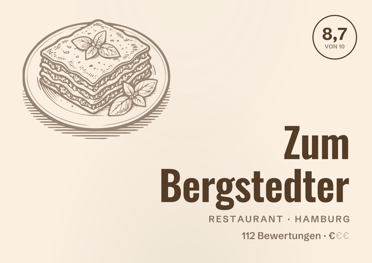 Illustriertes Poster von Zum Bergstedter, Restaurant in Hamburg: Bewertung 8,7 von 10 aus 112 Bewertungen, Preisniveau €