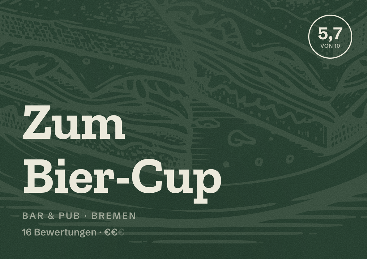 Illustriertes Poster von Zum Bier-Cup, Bar & Pub in Bremen: Bewertung 5,7 von 10 aus 16 Bewertungen, Preisniveau €€