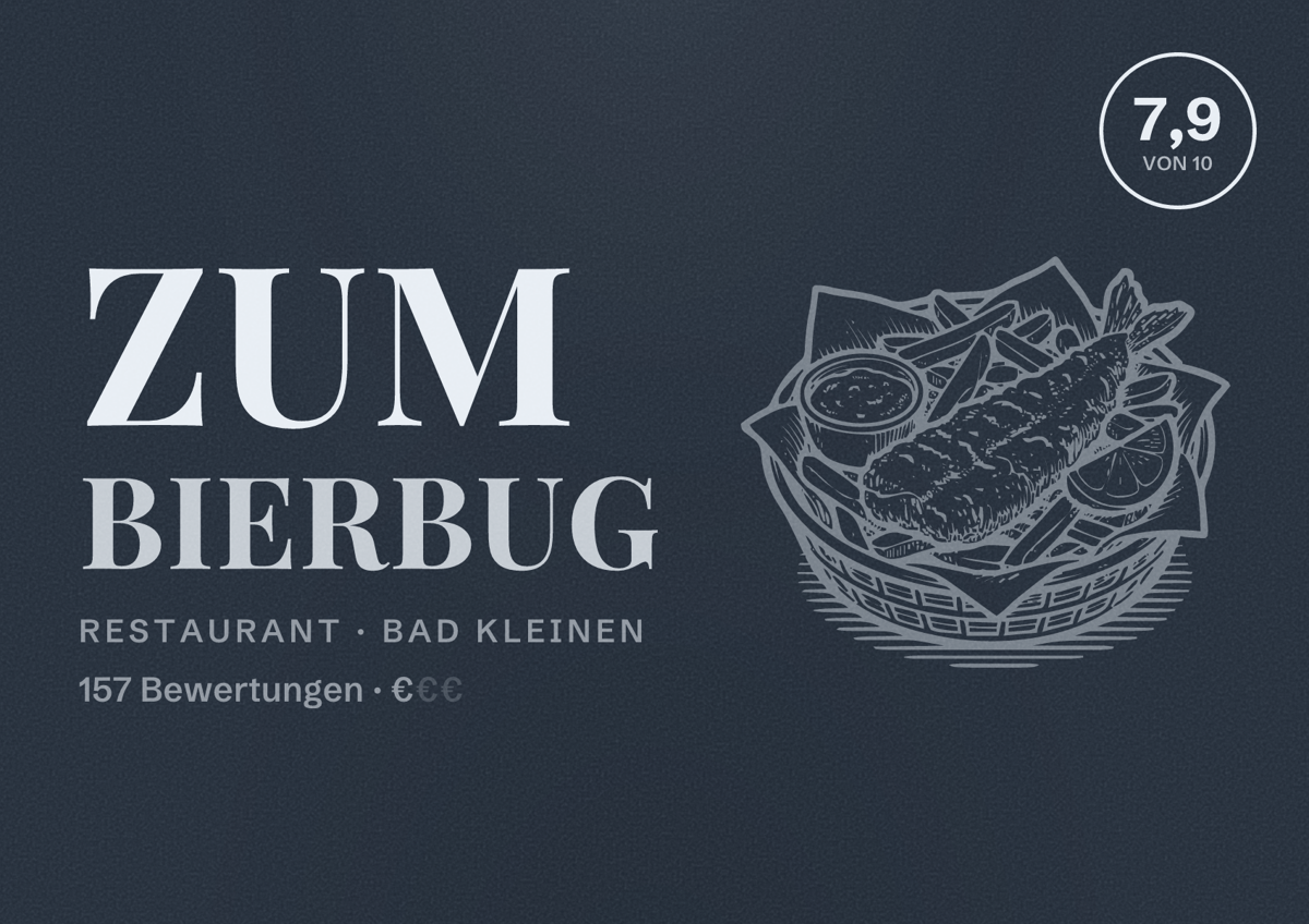 Illustriertes Poster von Zum Bierbug, Restaurant in Bad Kleinen: Bewertung 7,9 von 10 aus 157 Bewertungen, Preisniveau €