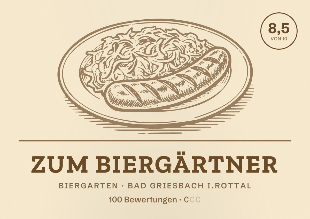 Illustriertes Poster von Zum Biergärtner, Biergarten in Bad Griesbach i.Rottal: Bewertung 8,5 von 10 aus 100 Bewertungen, Preisniveau €