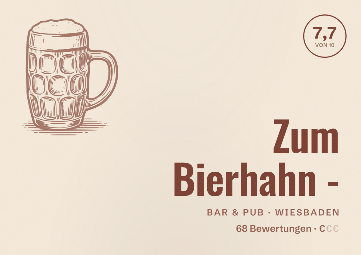Illustriertes Poster von Zum Bierhahn -, Bar & Pub in Wiesbaden: Bewertung 7,7 von 10 aus 68 Bewertungen, Preisniveau €