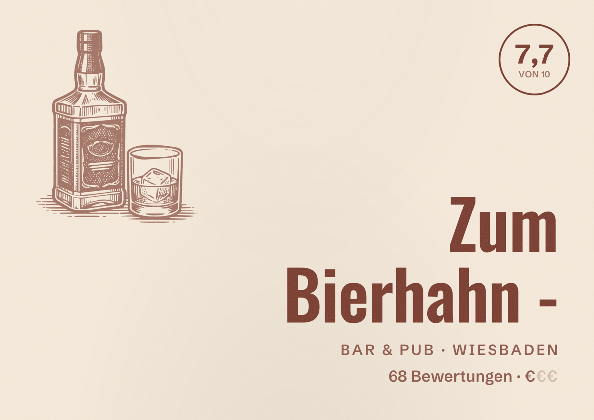 Illustriertes Poster von Zum Bierhahn -, Bar & Pub in Wiesbaden: Bewertung 7,7 von 10 aus 68 Bewertungen, Preisniveau €