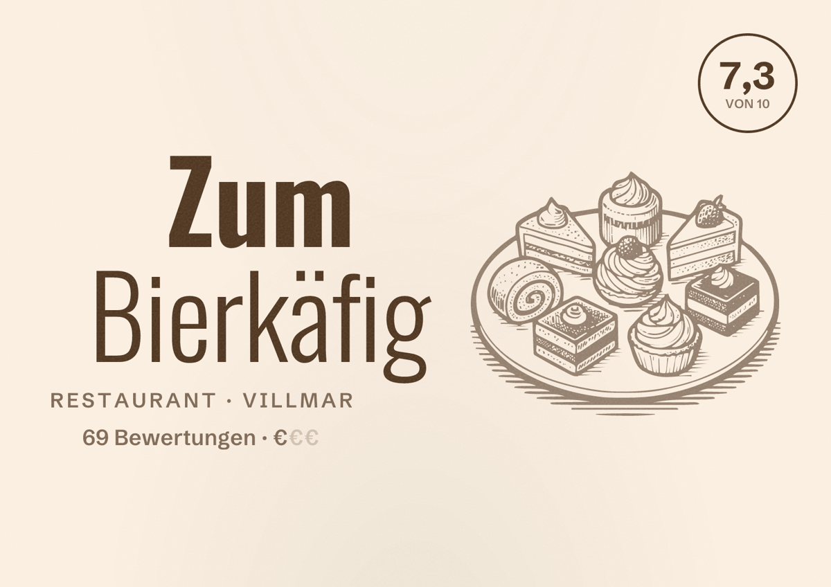 Illustriertes Poster von Zum Bierkäfig, Restaurant in Villmar: Bewertung 7,3 von 10 aus 69 Bewertungen, Preisniveau €