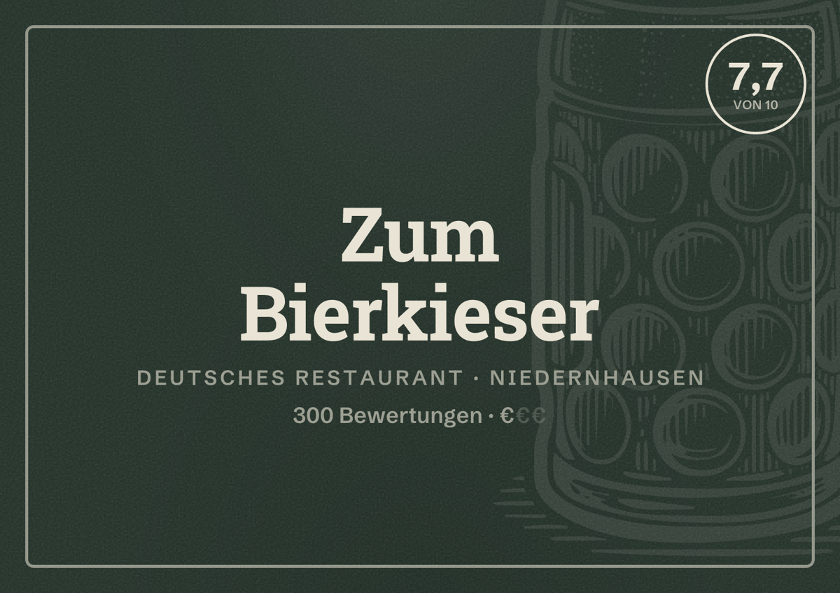Illustriertes Poster von Zum Bierkieser, Deutsches Restaurant in Niedernhausen: Bewertung 7,7 von 10 aus 300 Bewertungen, Preisniveau €