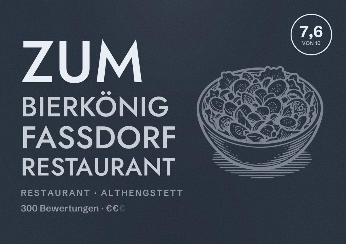Illustriertes Poster von Zum Bierkönig Fassdorf Restaurant, Restaurant in Althengstett: Bewertung 7,6 von 10 aus 300 Bewertungen, Preisniveau €€