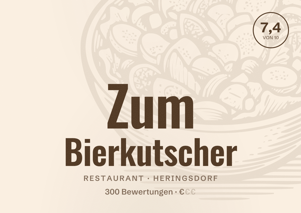 Illustriertes Poster von Zum Bierkutscher, Restaurant in Heringsdorf: Bewertung 7,4 von 10 aus 300 Bewertungen, Preisniveau €