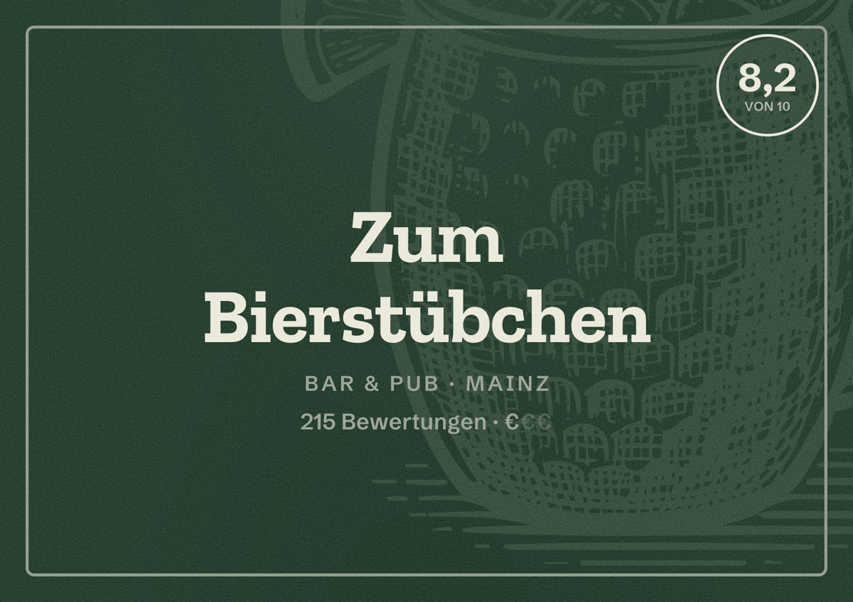 Illustriertes Poster von Zum Bierstübchen, Bar & Pub in Mainz: Bewertung 8,2 von 10 aus 215 Bewertungen, Preisniveau €
