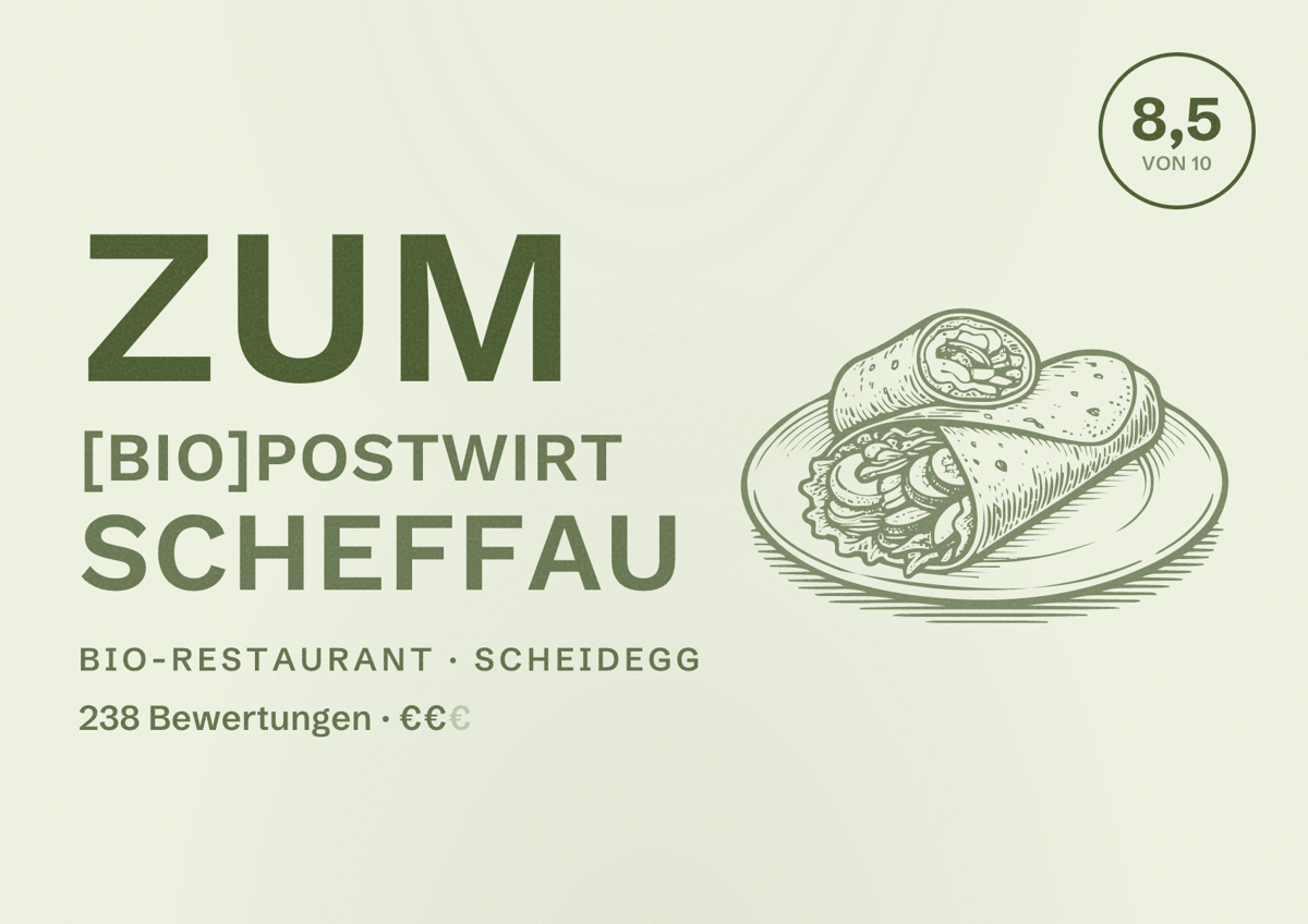 Illustriertes Poster von Zum [bio]Postwirt Scheffau, Bio-Restaurant in Scheidegg: Bewertung 8,5 von 10 aus 238 Bewertungen, Preisniveau €€