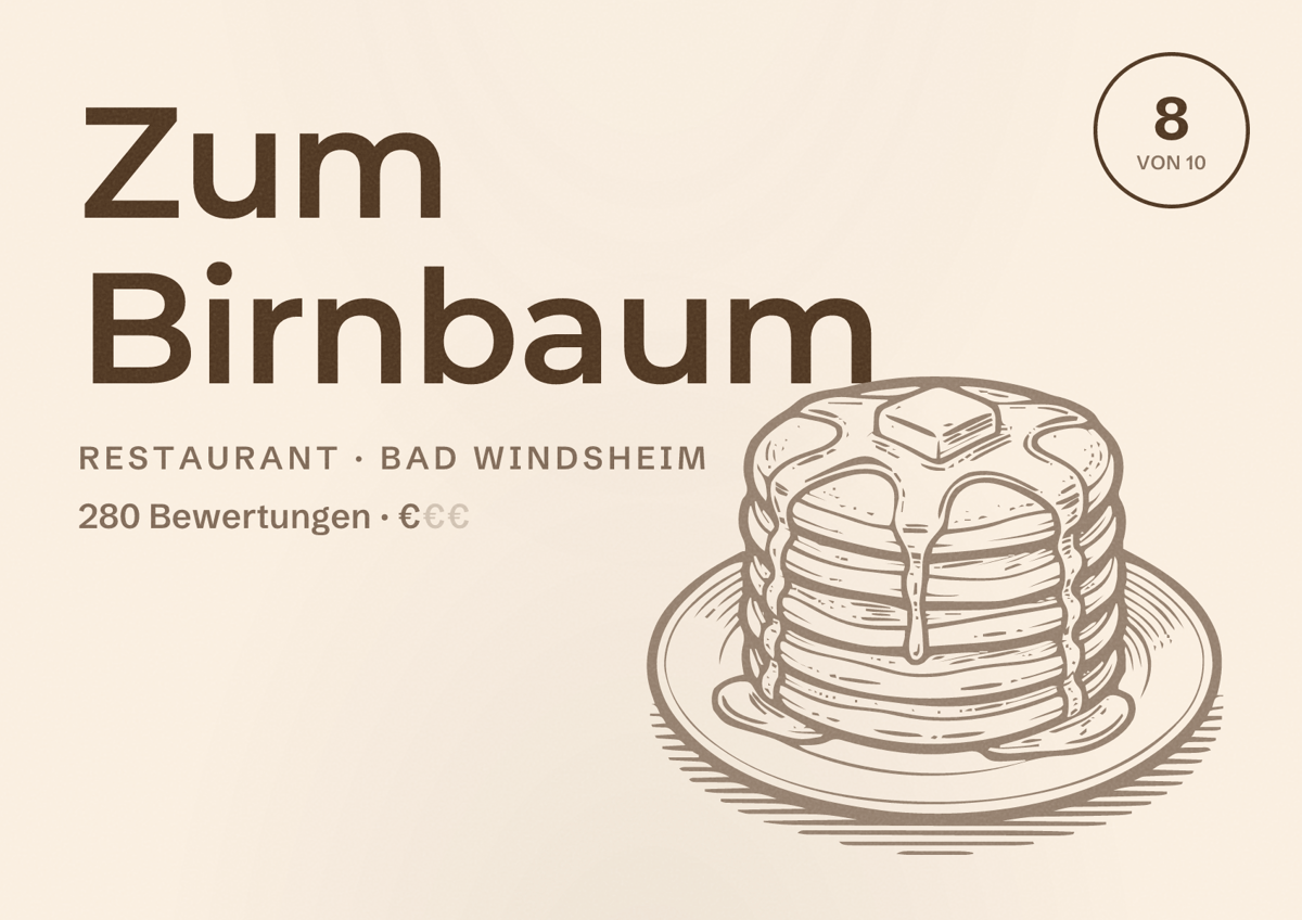 Illustriertes Poster von Zum Birnbaum, Restaurant in Bad Windsheim: Bewertung 8 von 10 aus 280 Bewertungen, Preisniveau €