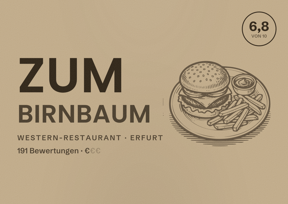 Illustriertes Poster von Zum Birnbaum, Western-Restaurant in Erfurt: Bewertung 6,8 von 10 aus 191 Bewertungen, Preisniveau €