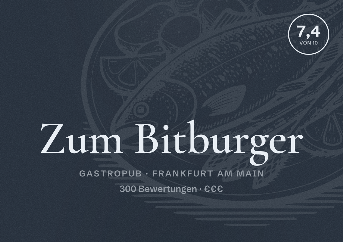 Illustriertes Poster von Zum Bitburger, Gastropub in Frankfurt am Main: Bewertung 7,4 von 10 aus 300 Bewertungen, Preisniveau €€€