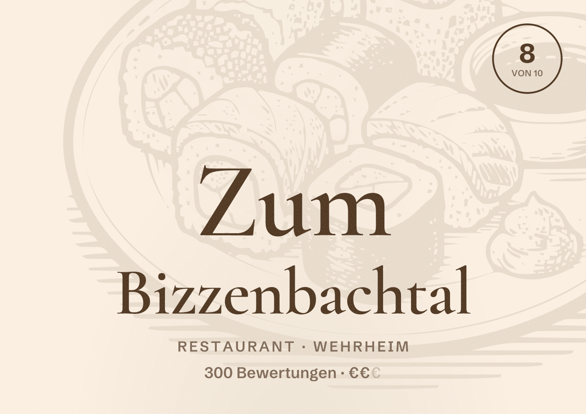 Illustriertes Poster von Zum Bizzenbachtal, Restaurant in Wehrheim: Bewertung 8 von 10 aus 300 Bewertungen, Preisniveau €€