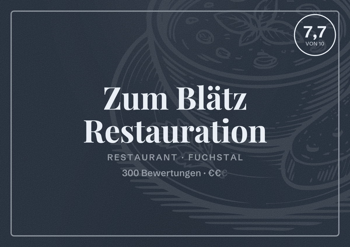Illustriertes Poster von Zum Blätz Restauration, Restaurant in Fuchstal: Bewertung 7,7 von 10 aus 300 Bewertungen, Preisniveau €€