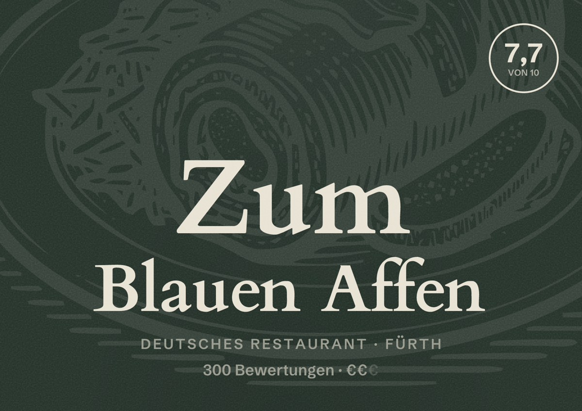 Illustriertes Poster von Zum Blauen Affen, Deutsches Restaurant in Fürth: Bewertung 7,7 von 10 aus 300 Bewertungen, Preisniveau €€