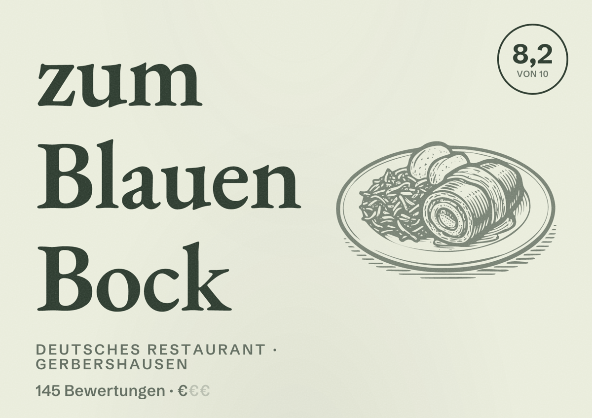 Illustriertes Poster von zum Blauen Bock, Deutsches Restaurant in Gerbershausen: Bewertung 8,2 von 10 aus 145 Bewertungen, Preisniveau €