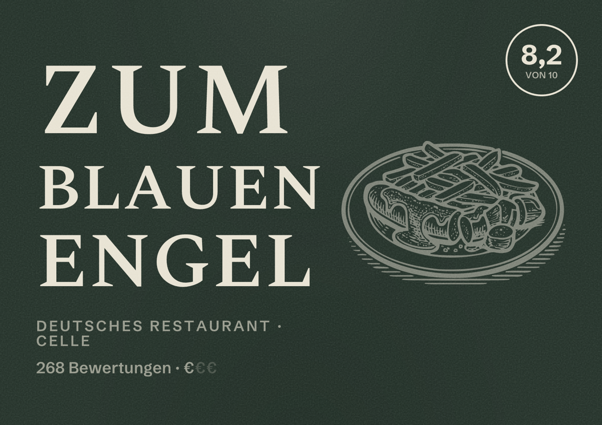 Illustriertes Poster von Zum Blauen Engel, Deutsches Restaurant in Celle: Bewertung 8,2 von 10 aus 268 Bewertungen, Preisniveau €
