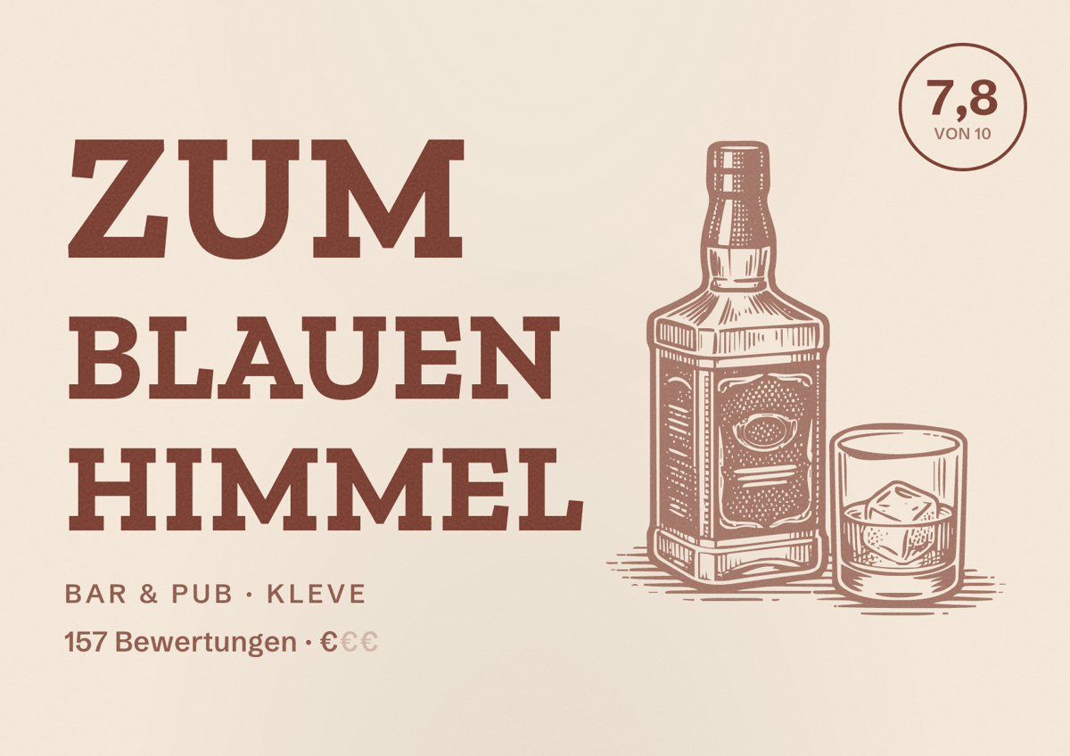 Illustriertes Poster von Zum Blauen Himmel, Bar & Pub in Kleve: Bewertung 7,8 von 10 aus 157 Bewertungen, Preisniveau €