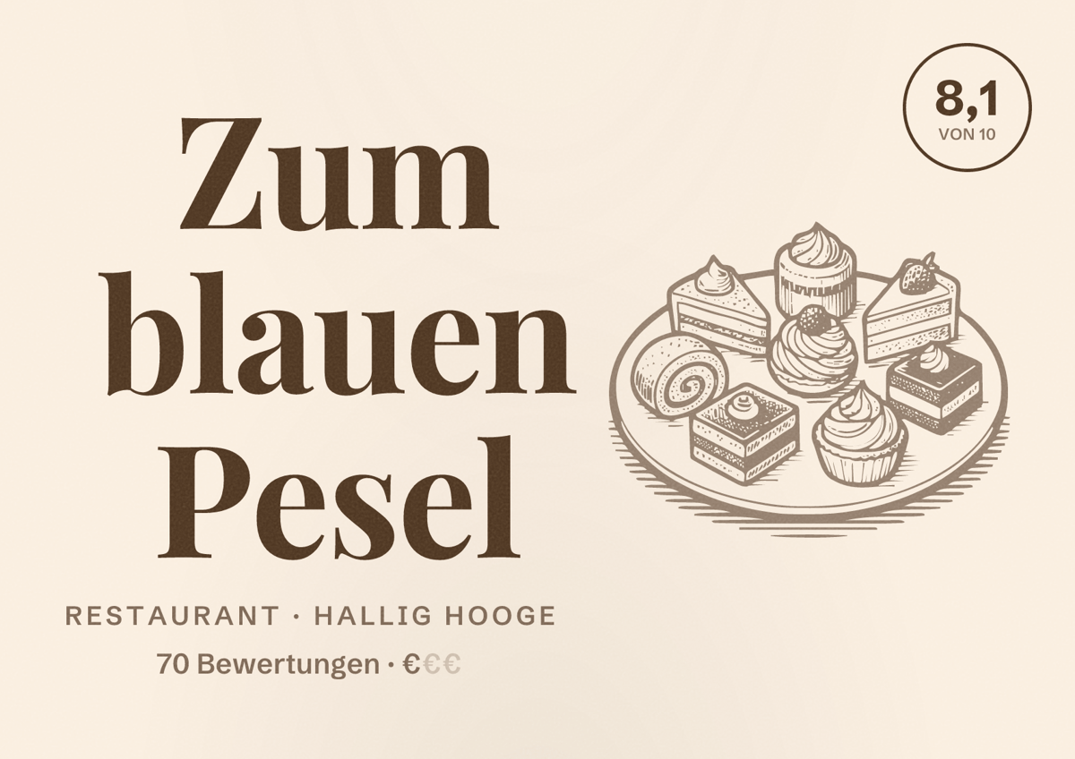 Illustriertes Poster von Zum blauen Pesel, Restaurant in Hallig Hooge: Bewertung 8,1 von 10 aus 70 Bewertungen, Preisniveau €