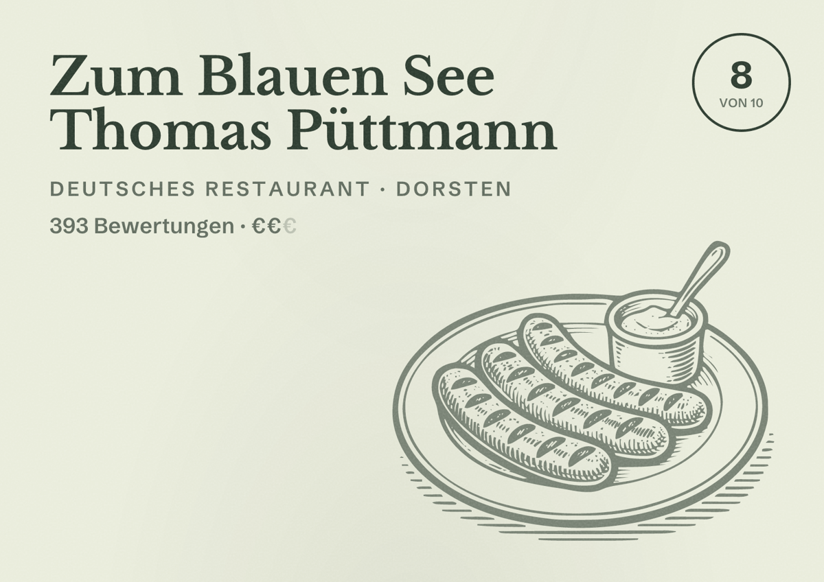 Illustriertes Poster von Zum Blauen See Thomas Püttmann, Deutsches Restaurant in Dorsten: Bewertung 8,0 von 10 aus 393 Bewertungen, Preisniveau €€