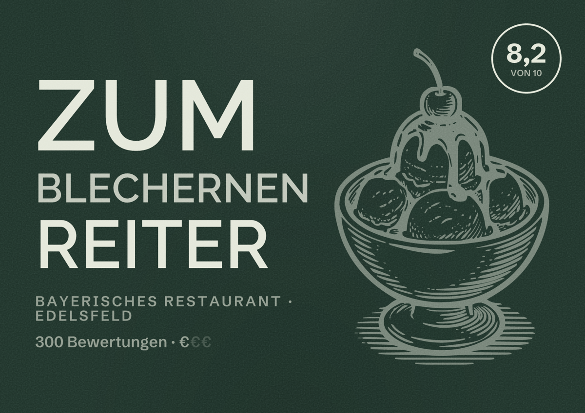 Illustriertes Poster von Zum Blechernen Reiter, Bayerisches Restaurant in Edelsfeld: Bewertung 8,2 von 10 aus 300 Bewertungen, Preisniveau €