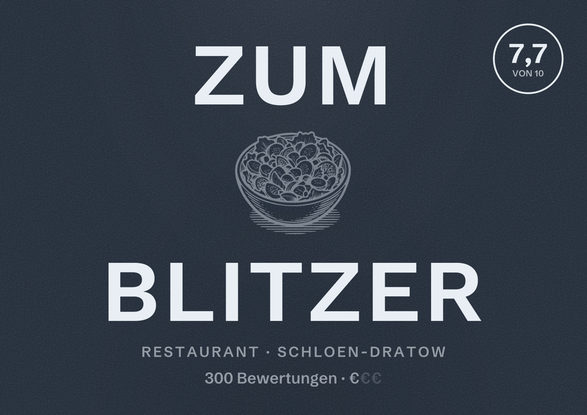 Illustriertes Poster von Zum Blitzer, Restaurant in Schloen-Dratow: Bewertung 7,7 von 10 aus 300 Bewertungen, Preisniveau €