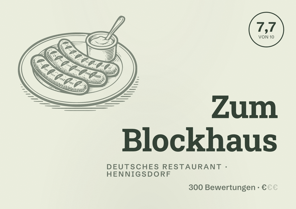 Illustriertes Poster von Zum Blockhaus, Deutsches Restaurant in Hennigsdorf: Bewertung 7,7 von 10 aus 300 Bewertungen, Preisniveau €