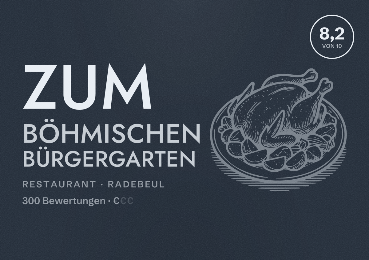 Illustriertes Poster von Zum Böhmischen Bürgergarten, Restaurant in Radebeul: Bewertung 8,2 von 10 aus 300 Bewertungen, Preisniveau €
