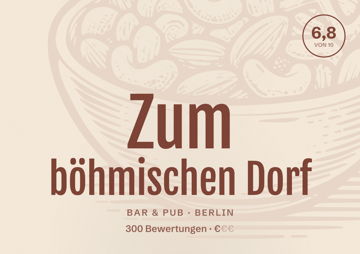 Illustriertes Poster von Zum böhmischen Dorf, Bar & Pub in Berlin: Bewertung 6,8 von 10 aus 300 Bewertungen, Preisniveau €