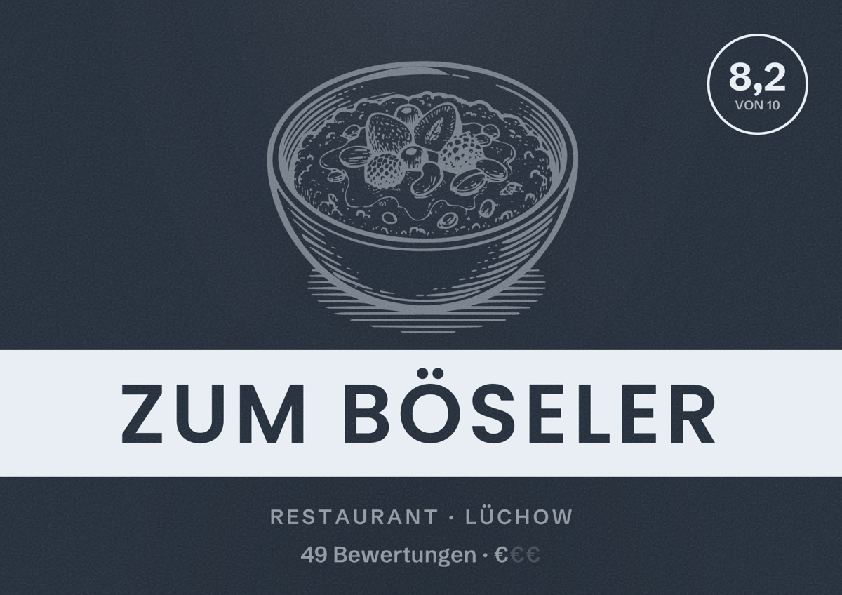 Illustriertes Poster von Zum Böseler, Restaurant in Lüchow: Bewertung 8,2 von 10 aus 49 Bewertungen, Preisniveau €