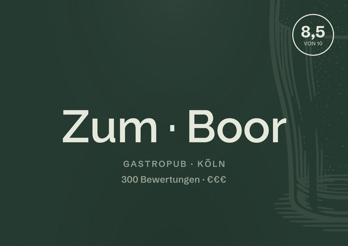 Illustriertes Poster von Zum Boor, Gastropub in Köln: Bewertung 8,5 von 10 aus 300 Bewertungen, Preisniveau €€€