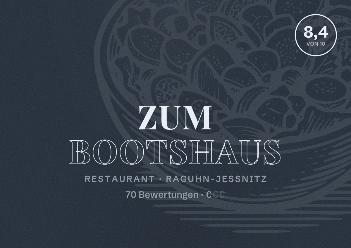Illustriertes Poster von Zum Bootshaus, Restaurant in Raguhn-Jeßnitz: Bewertung 8,4 von 10 aus 70 Bewertungen, Preisniveau €