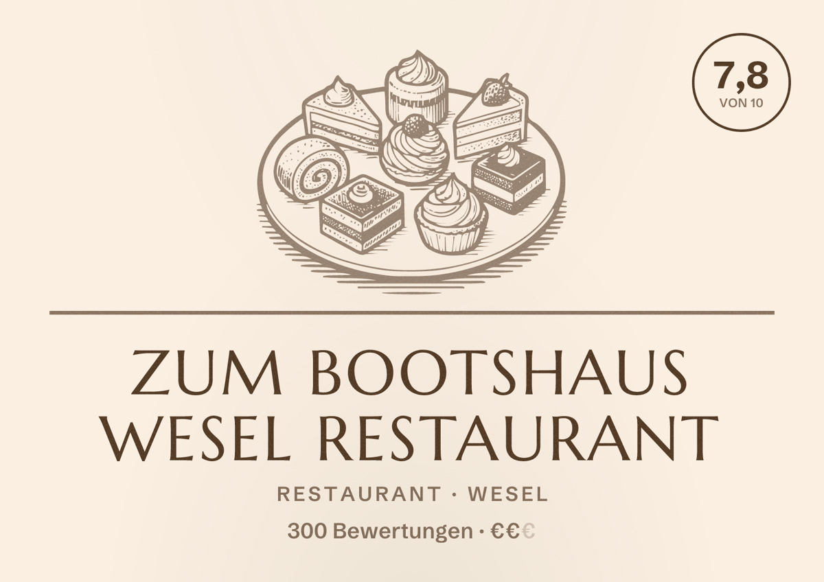 Illustriertes Poster von Zum Bootshaus Wesel Restaurant, Restaurant in Wesel: Bewertung 7,8 von 10 aus 300 Bewertungen, Preisniveau €€