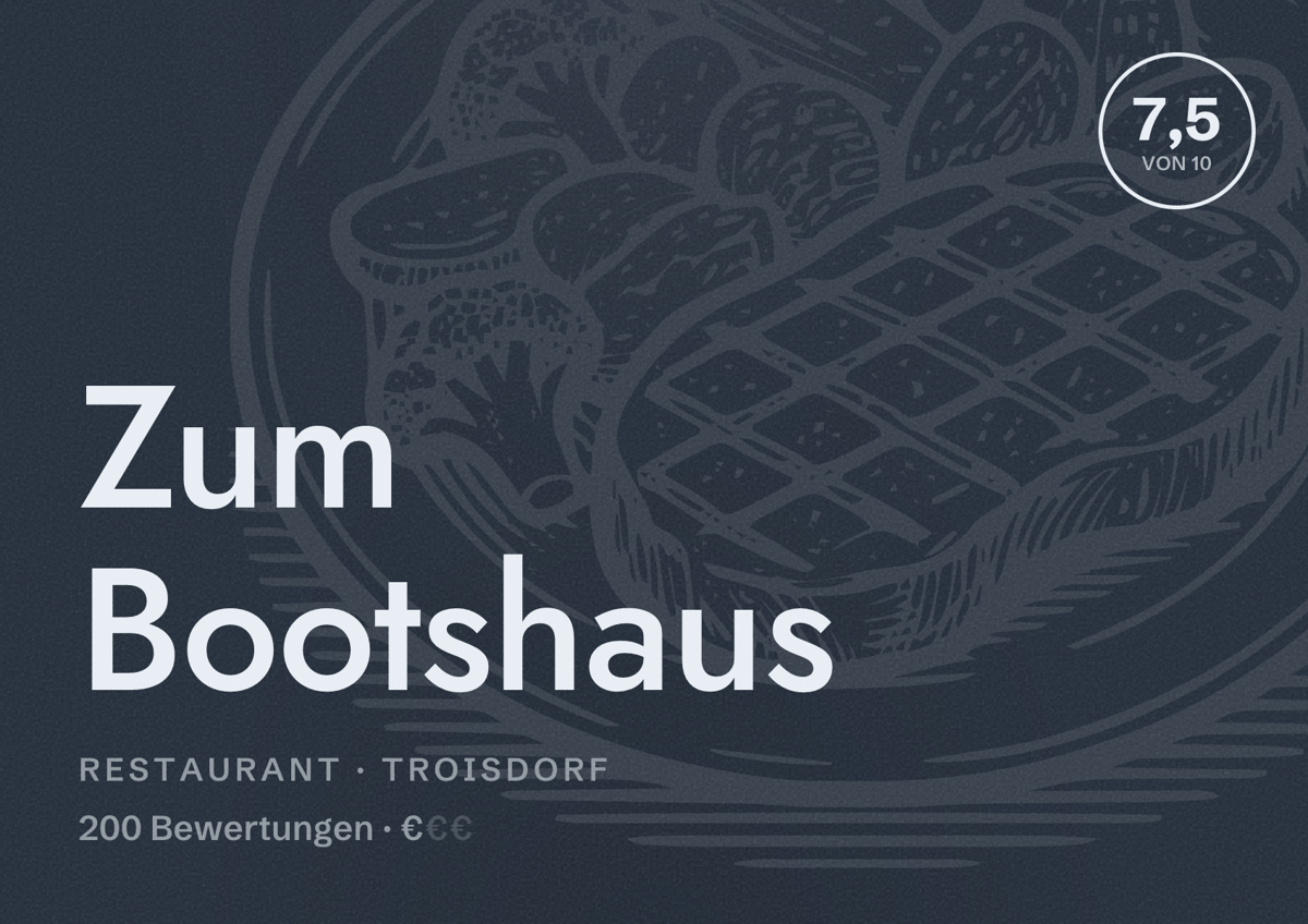 Illustriertes Poster von Zum Bootshaus, Restaurant in Troisdorf: Bewertung 7,5 von 10 aus 200 Bewertungen, Preisniveau €