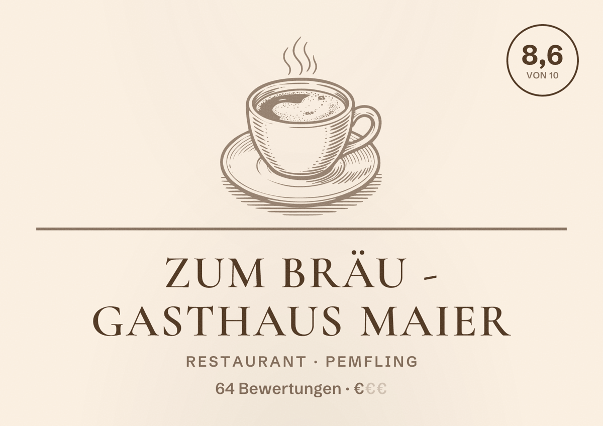 Illustriertes Poster von Zum Bräu - Gasthaus Maier, Restaurant in Pemfling: Bewertung 8,6 von 10 aus 64 Bewertungen, Preisniveau €