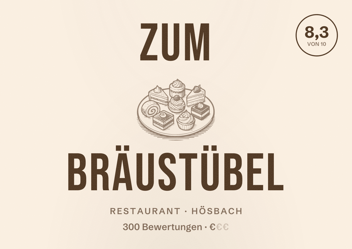 Illustriertes Poster von Zum Bräustübel, Restaurant in Hösbach: Bewertung 8,3 von 10 aus 300 Bewertungen, Preisniveau €