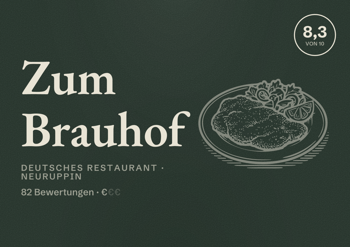 Illustriertes Poster von Zum Brauhof, Deutsches Restaurant in Neuruppin: Bewertung 8,3 von 10 aus 82 Bewertungen, Preisniveau €
