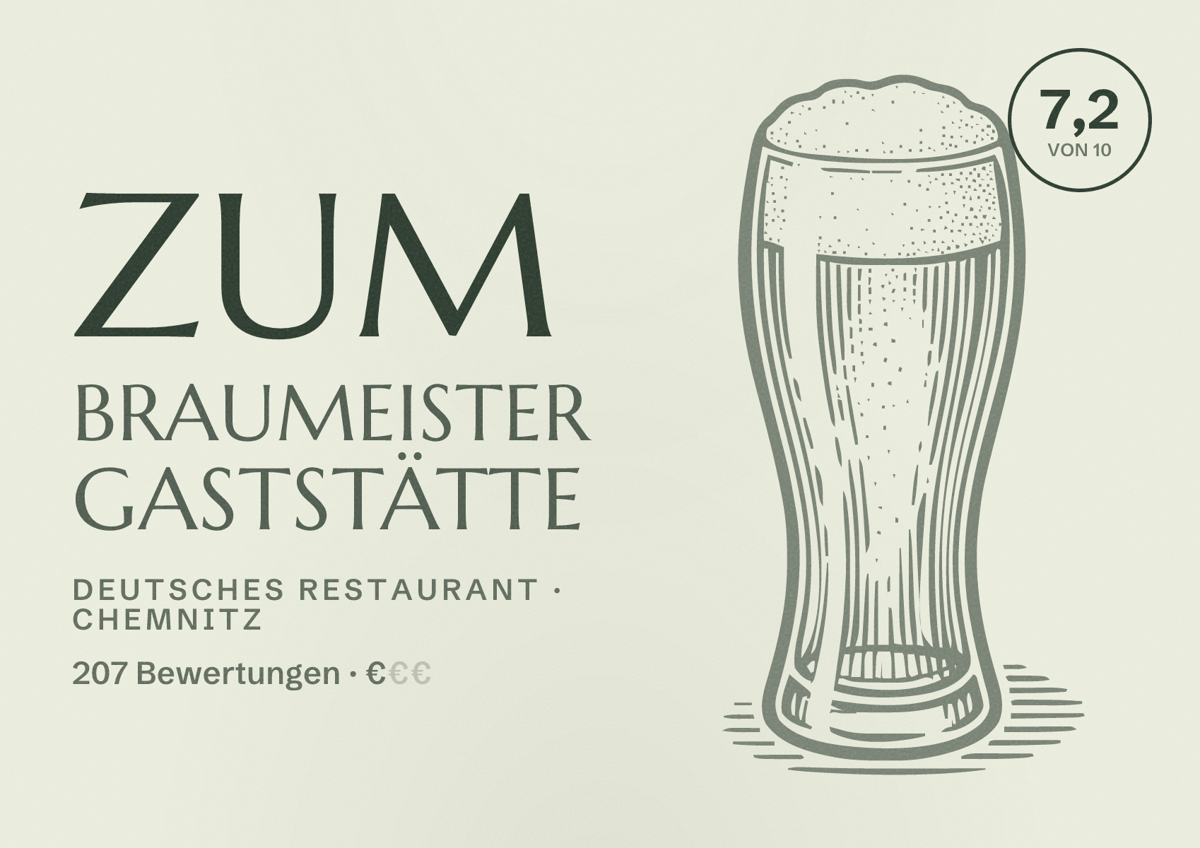 Illustriertes Poster von Zum Braumeister Gaststätte, Deutsches Restaurant in Chemnitz: Bewertung 7,2 von 10 aus 207 Bewertungen, Preisniveau €