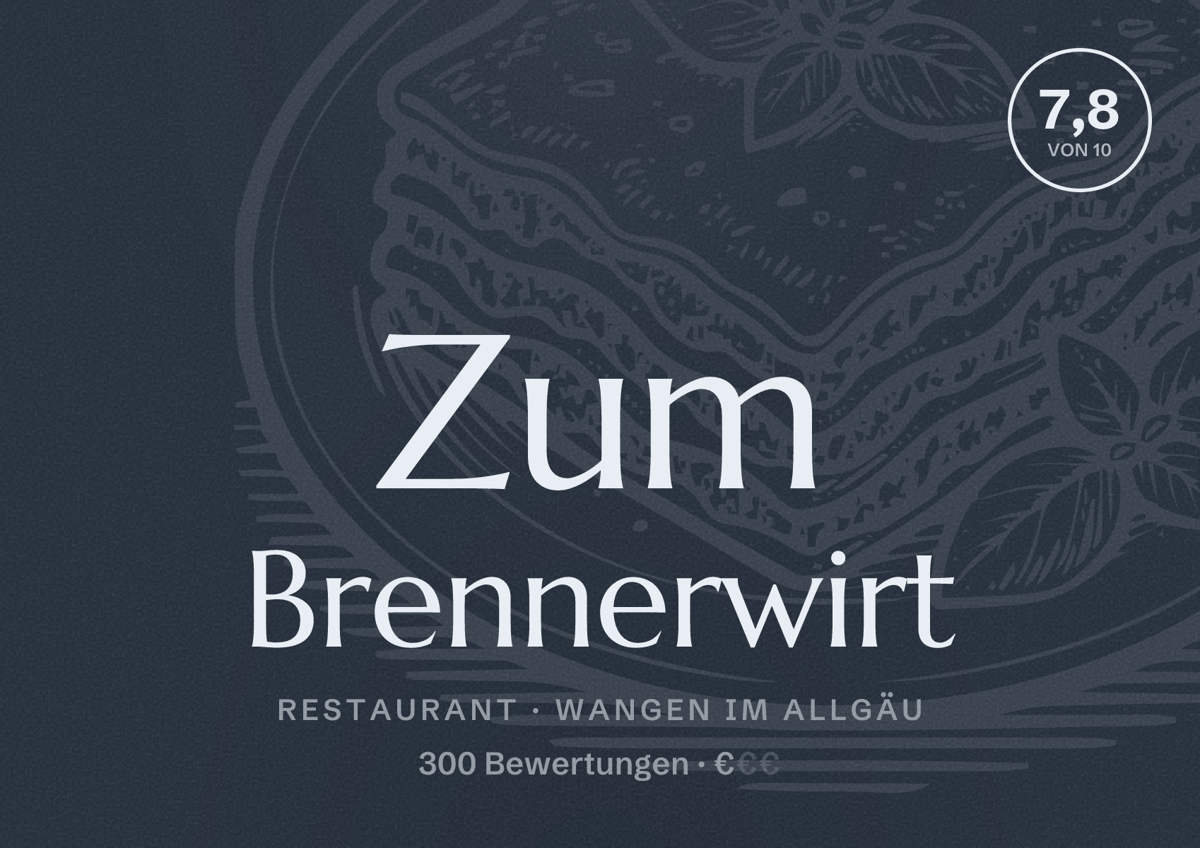 Illustriertes Poster von Zum Brennerwirt, Restaurant in Wangen im Allgäu: Bewertung 7,8 von 10 aus 300 Bewertungen, Preisniveau €