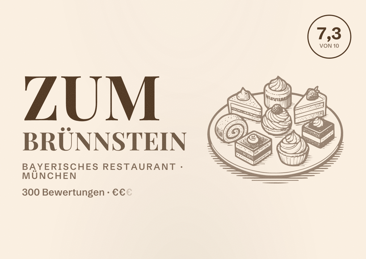 Illustriertes Poster von Zum Brünnstein, Bayerisches Restaurant in München: Bewertung 7,3 von 10 aus 300 Bewertungen, Preisniveau €€