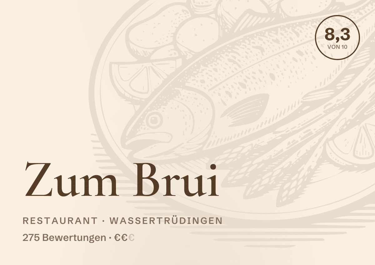 Illustriertes Poster von Zum Brui, Restaurant in Wassertrüdingen: Bewertung 8,3 von 10 aus 275 Bewertungen, Preisniveau €€