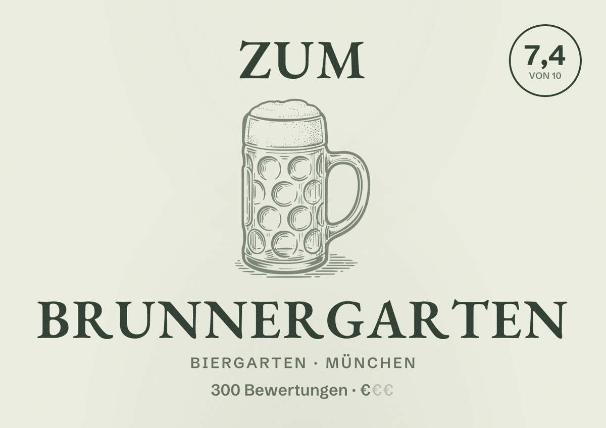Illustriertes Poster von Zum Brunnergarten, Biergarten in München: Bewertung 7,4 von 10 aus 300 Bewertungen, Preisniveau €
