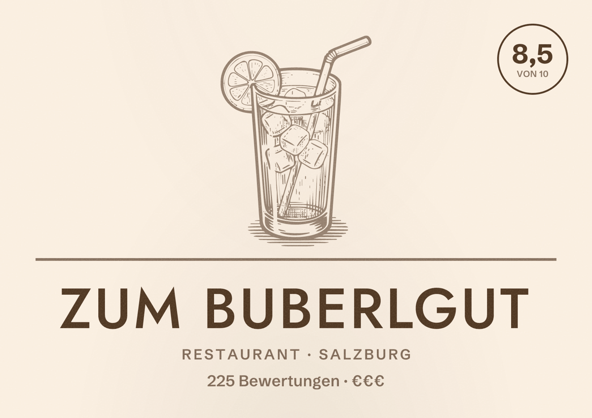 Illustriertes Poster von Zum Buberlgut, Restaurant in Salzburg: Bewertung 8,5 von 10 aus 225 Bewertungen, Preisniveau €€€