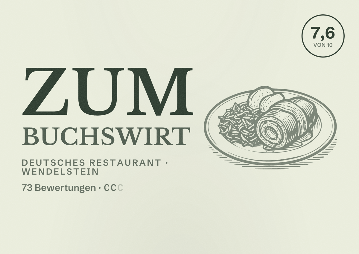 Illustriertes Poster von Zum Buchswirt, Deutsches Restaurant in Wendelstein: Bewertung 7,6 von 10 aus 73 Bewertungen, Preisniveau €€