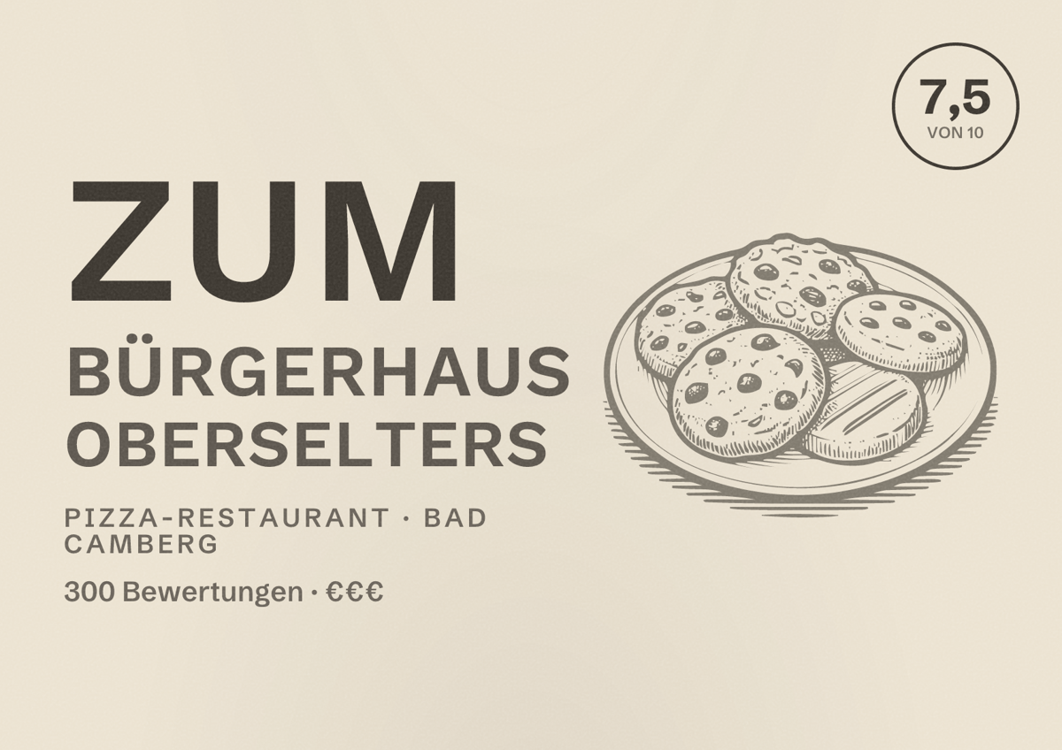 Illustriertes Poster von Zum Bürgerhaus Oberselters, Pizza-Restaurant in Bad Camberg: Bewertung 7,5 von 10 aus 300 Bewertungen, Preisniveau €€€