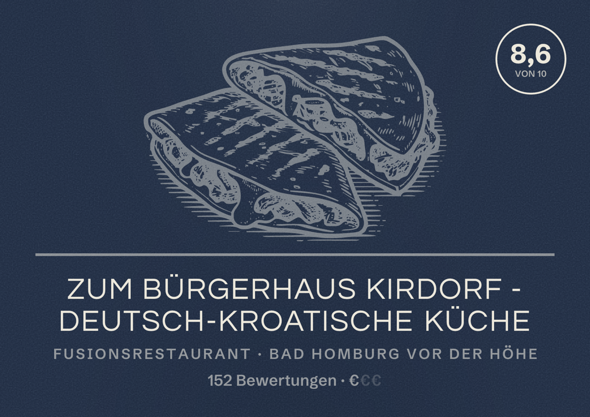 Illustriertes Poster von Zum Bürgerhaus Kirdorf - Deutsch-Kroatische Küche, Fusionsrestaurant in Bad Homburg vor der Höhe: Bewertung 8,6 von 10 aus 152 Bewertungen, Preisniveau €