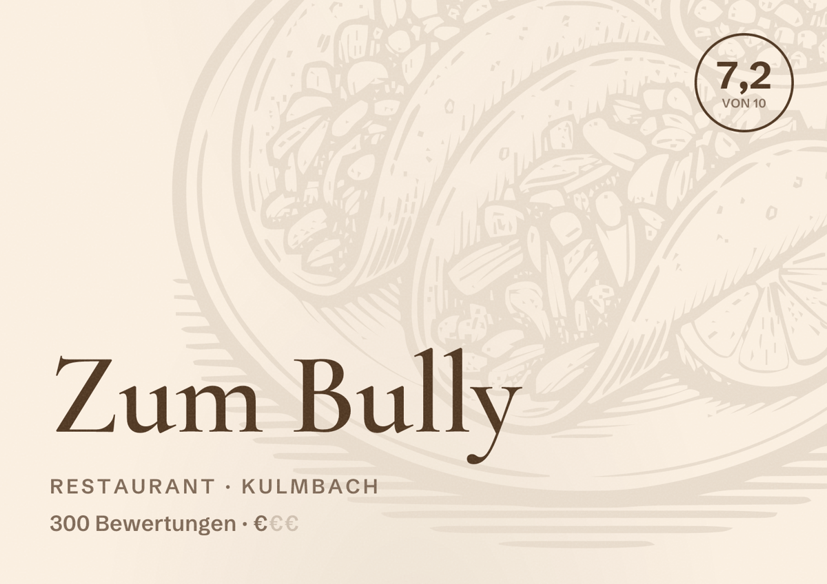Illustriertes Poster von Zum Bully, Restaurant in Kulmbach: Bewertung 7,2 von 10 aus 300 Bewertungen, Preisniveau €