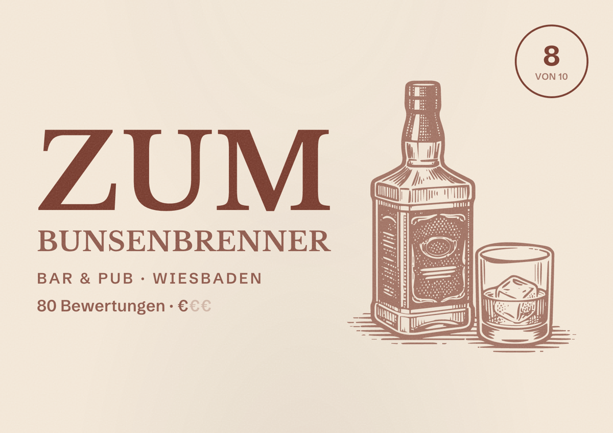 Illustriertes Poster von Zum Bunsenbrenner, Bar & Pub in Wiesbaden: Bewertung 8 von 10 aus 80 Bewertungen, Preisniveau €